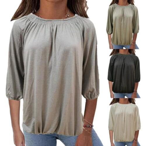 Hot Sales 3/4 Sleeve Solid Color Women Blouse Spring Autumn O Neck Pleated Loose Autumn Shirt Streetwear