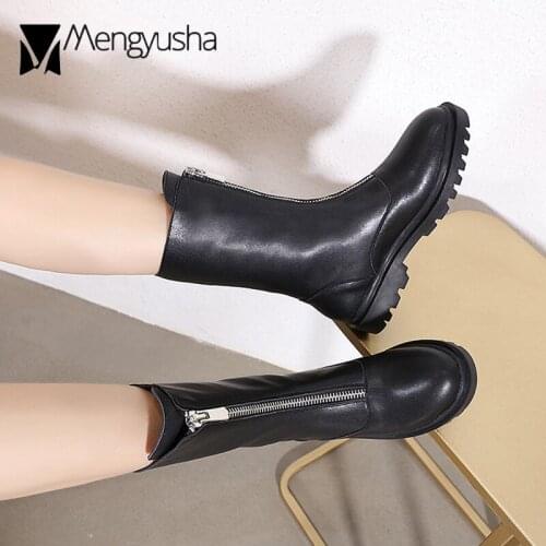 Front Zipper Boots Woman Cow Leather Platform Winter Bottes Thicken Soled Shoes Ladies Girls Mid-Calf Motorcycle Riding Botas