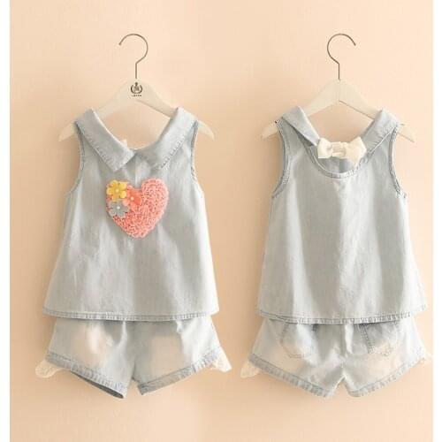 Girls Clothes 2021 Summer 2-10T Years Old Kids Embroidery Lovely Flower Heart Vest T Shirt+Shorts Lace Denim Blue 2 Piece Sets