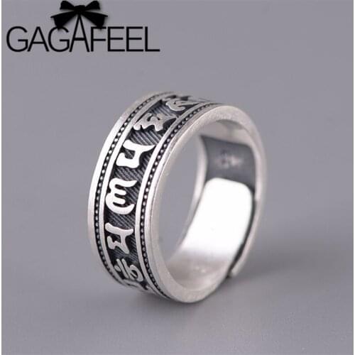 GAGAFEEL S990 Sterling Silver Mantra Rings Minimalist Matte Open Ring Women Men Adjustable Ring Vintage Buddhist Jewelry