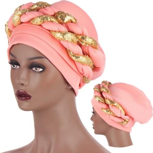 African Head Wraps Female Shinning Sequins Turban Hat for Women Muslim Cap Auto Geles Aso Oke Headtie Party Fashion Headwear