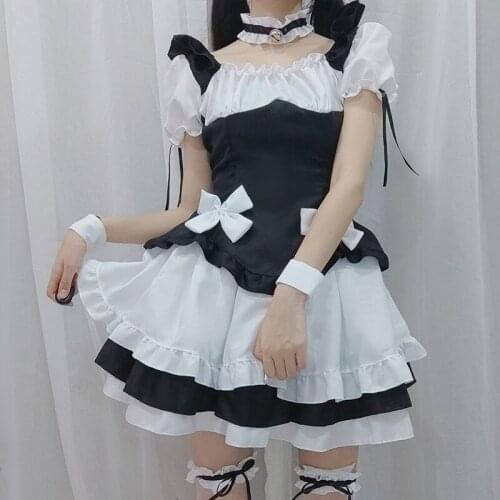 Lolita Girl Dresses Men Cafe Costume Role Play Maid Uniform Women Black White Maid Outfit Halloween Anime Cosplay Apron Dress