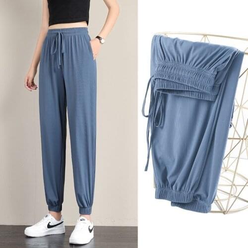 Summer Women Ice Silk Lantern Pants Elastic Bandage Waist Loose Thin Breath Ankle Length Sport Pants