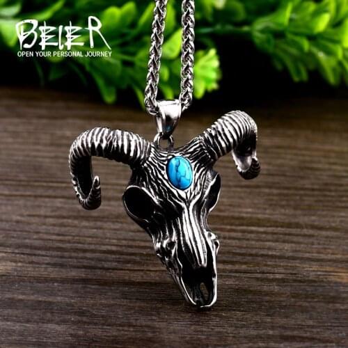 Beier 316L stainless steel Norse Vikings Pendant Necklace Norse Sheep head with green stone Animal Jewelry for man Chain BP8-415