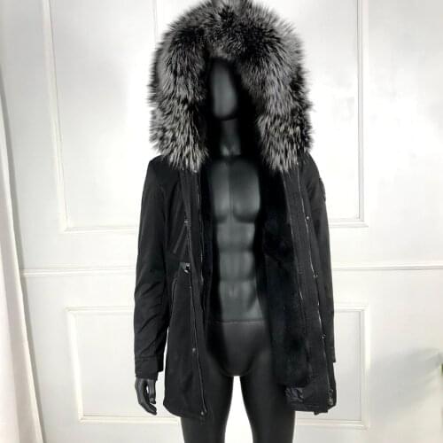 Parka Men Winter Warm Fashion Fur Parkas Real Rabbit Fur Lined With Sliver Fox Collar Hooded Jacket Coat