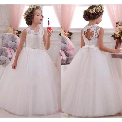 Simple Lace Flower Girl Dresses For Wedding O-Neck Tulle Lace Floor Length Backless Ball Gown Junior Bridesmaid Dress For Girls