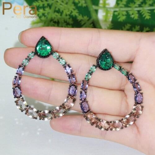 Pera Trendy Green Purple Champagne Cubic Zirconia Black Gold Big Round Circle Drop Earrings for Women Fashion Boho Jewelry E619