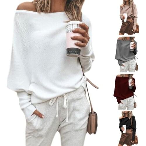 Women Autumn Spring Off Shoulder Sweater Long Batwing Sleeves Solid Color Knitted Pullover Tops Loose Casual Knitwear Jumper New