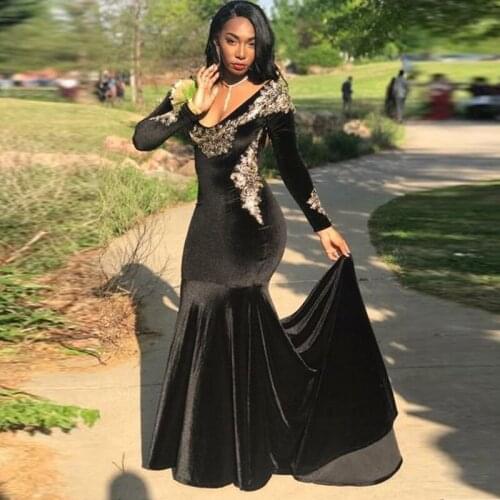 Vestidos De Graduacion Velvet Black Prom Dress Long Sleeves V Neck Mermaid Evening Dress Vestidos Party Gowns 2021