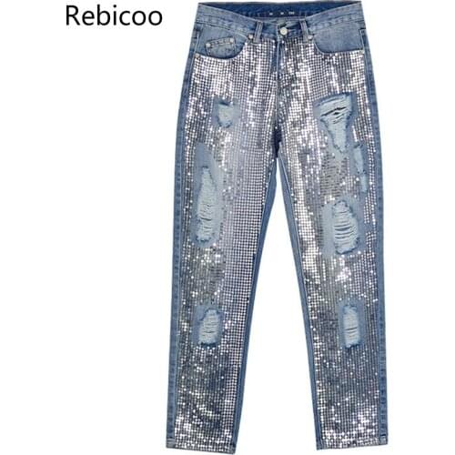 Vintage New Boyfriend Jeans Ripped Denim Sequined Tassel Jeans For Women Plus Size cowboy Pants Women Ripped Pants Denim Femme