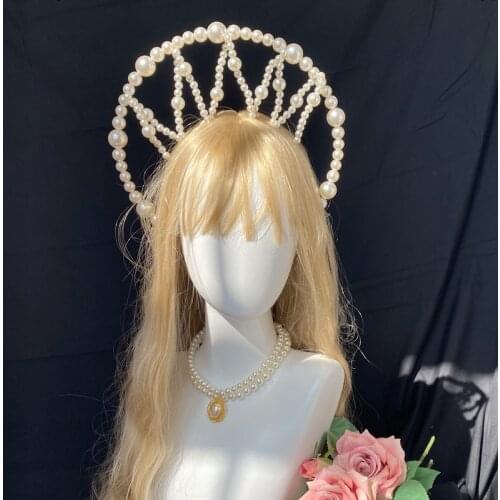 Handmade Pearl Halo Crown Headpiece Lolita Sun Goddess Angel Thread Queen Anna Tiara Halo Headband Necklace Gothic Accessories