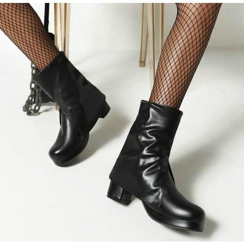 Autumn Winter Lady Western Boots Slip On Loose Short Boots Fashion Square High Heel Mid Calf Boots Female Plus Size Women Shoes