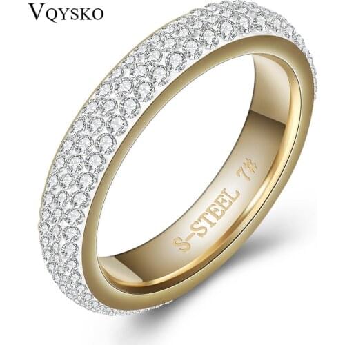 Three row clear crystal Gold Stainless steel Wedding Rings for women fashion jewelry with Full Size