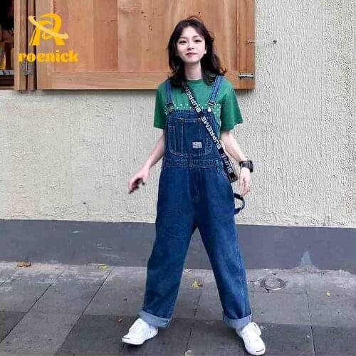 ROENICK Women Spring Loose Cute Denim Jumpsuits Students Summer Korean Thin Straight Overalls Elegance Blue One-Piece Outfits