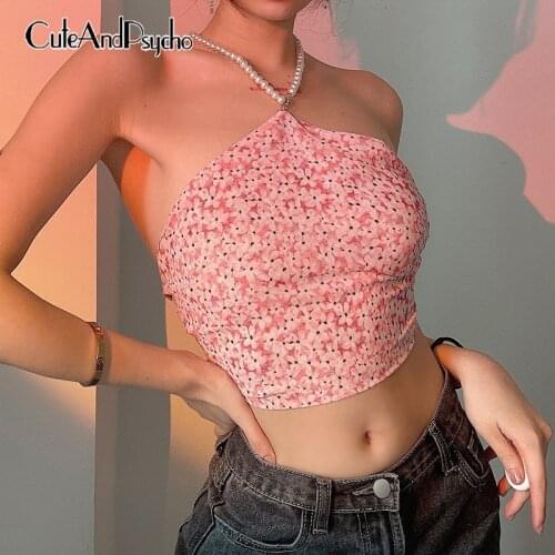 Floral Print Y2K Halter Tops Women Summer Backless Lace-up Cute Camisole Aesthetic 2000s Bustier Korean Clubwear Cuteandpsycho