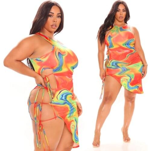 Plus Size Womens 2021 Summer African Plus Size Womens Clothing Youthful Vitality Printed Round Neck Vest Split Strap Dress