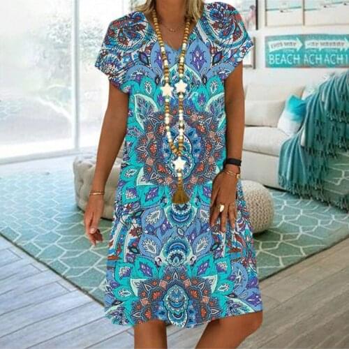 Home&Nest Plus Size Women Summer Dress Vintage Loose V-neck Print Short Sleeve Knee Midi Dress Beach Party Dresses Mujer Vestido