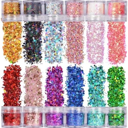 12 Colors Mixed Holographic Makeup Chunky Glitter Face Body Eye Hair Nail Epoxy Resin Festival Chunky Hexagons Sequins