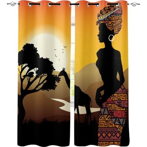 African Woman Giraffe Silhouette Window Curtains Living Room Kitchen Curtains for Bedroom Left and Right Biparting Open Curtains