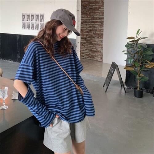 Harajuku Basic Blue Striped Long-Sleeved T-Shirt Womens Hole Design Korean Style Casual White Spring Autumn alt Womens Tops