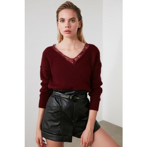 Burgundy V Neck Lace Detailed Knitwear Sweater Red Dark Autumn Winter Women Pullovers Long Sleeve Casual Knitted Sweater Female