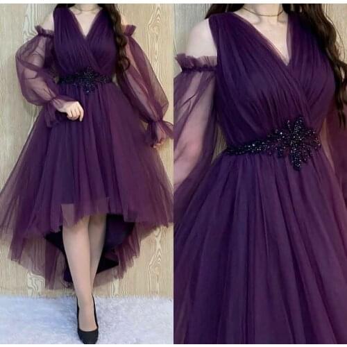 Elegant Short Black A-Line Tulle Beaded Evening Dresses Purple Zipper Back V-Neck Abendkleider Formal Party Gown for Women