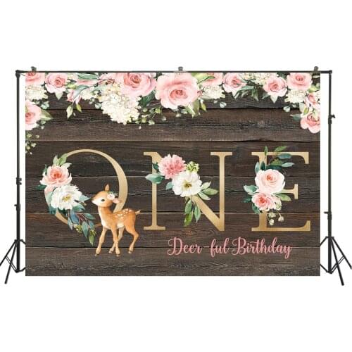 Sweet Deer Bambi Theme Backdrop Girl 1st Birthday One deer-ful Backdrop woodland Party Background Floral Poster Photo Banner