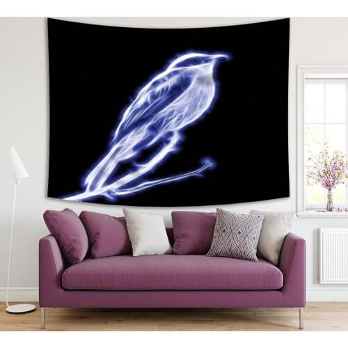 Tapestry Abstract Glowing Bird Pattern in Dark Space Decorative Futuristic Digital Artwork Blue White Black