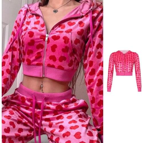 H9ED Womens Harajuku Heart Print Hoodie Jacket Long Sleeve Full Zip Up Front Cropped Sweatshirt Kawaii Velvet High Waist Pants
