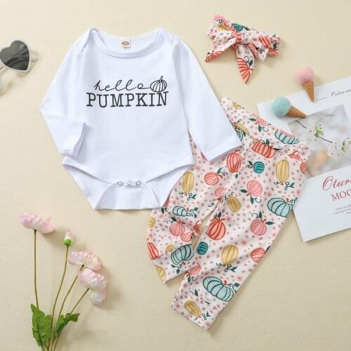 3Pcs Baby Girls Outfits Letters Long/Short Sleeves Bodysuit + Pumpkin Print Shorts/Pants + Headband for Toddlers 0-24 Months