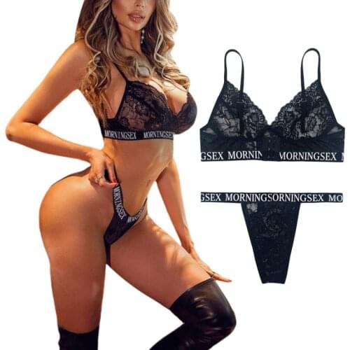 Women Sexy Two-piece Lingerie Set Black Deep V-neck Underwear and Low Waist Panties S M L XL