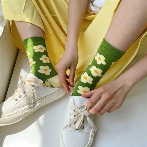 Korean Fashion Floral Print Womens Socks Cotton Breathable Harajuku Vintage Streetwear Long Sock Japanese Kawaii Cute Crew Sock