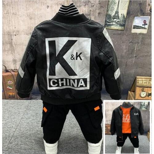 Children Boy Clothes Kids boys PU leather coat,Sweater,pants 3pcs Baby Outfit Christmas Suit For Boys Clothing Sets 2-6years