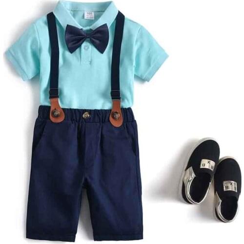Summer Childrens Gentleman Suit Bow Tie Shirt + Strap Shorts 4pcs Sets Formal Toddler Boy Clothing