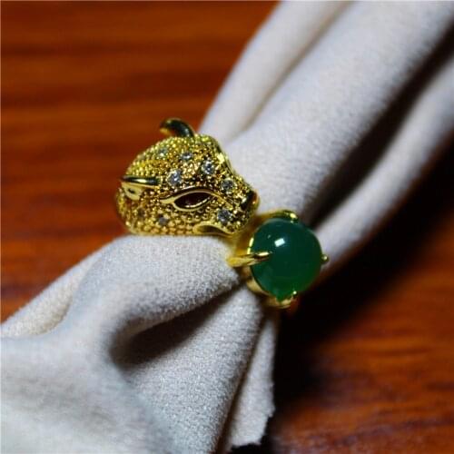 Wholesale Personality Fashion Jewelry Green Chalcedony Leopard Head Silver Plated Ring For Women Feature Namour Charm Gift