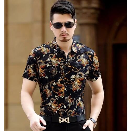 Hot sale summer & spring male hollow velvet clothes sexy man short sleeve see through floral dress shirts