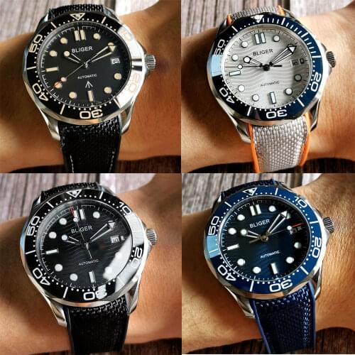 BLIGER Dress 41mm NH35A MIYOTA 8215 Automatic Men Watch Rubber Strap Sapphire Crystal Seeing Back Luminous Dial Screw Crown