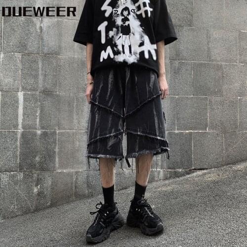 Dueweer Men High Street Vintage Knee Length Shorts Washed Destroyed Biker Shorts Hip Hop Moustache Effect Sueding Shorts