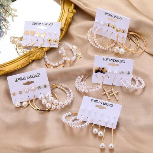 Fashion Womens Earrings Set Pearl Hoop Earrings For Female Geometric Crystal Gold Round Drop Earring 2021 Trend Jewelry Brincos
