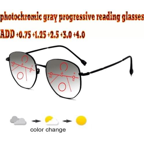 Photochromic Gray Progressive Multifocal Reading Glasses Men Woem Ultralight Metal Frame+1.0 +1.5 +1.75 +2.0 +2.5 +3 +3.5 +4