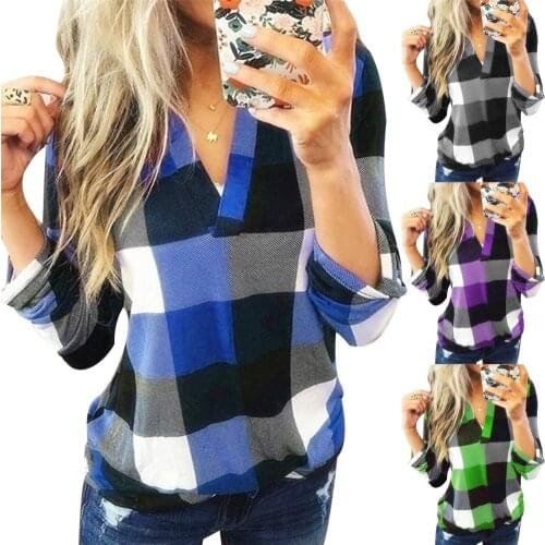 Autumn Fashion Women Plaid Print Shirt V Neck Long Sleeve Loose Blouse Top