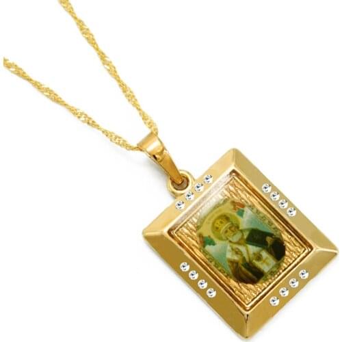 Anniyo Saint Nicholas Necklace Pendant Gold Color Jewelry Cubic Zirconia St. Nikolas Russia Necklaces Women/Men #040204