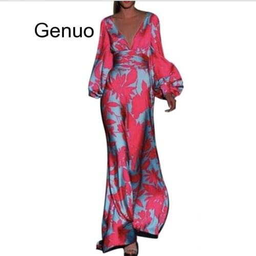 Fashion Dress Women V-Neck Floor-Length Dress Print Lantern Sleeve High Waist Dress Long Sleeve Elegant Dresses