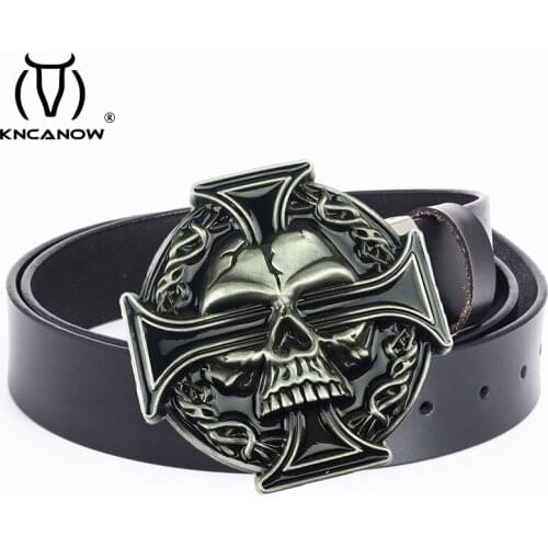 Mens Genuine Leather Belt Punk Style Silver Skull Head Cross Skeleton Pattern Buckle Peplum Strap Gift For Man Cintos Feminino