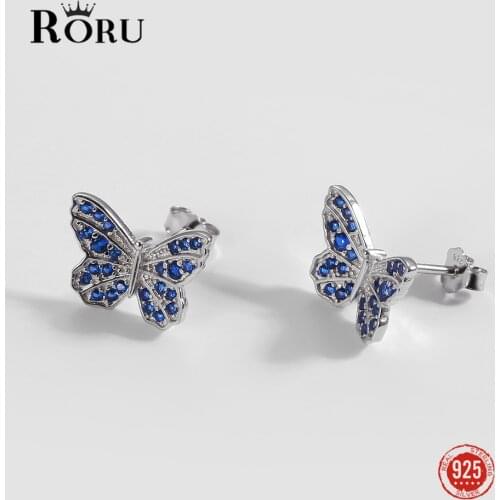 S925 Sterling Silver Stud Earrings Blue Zircon Butterfly Earrings Fashion Temperament Gold Ear Jewelry Gift for Women