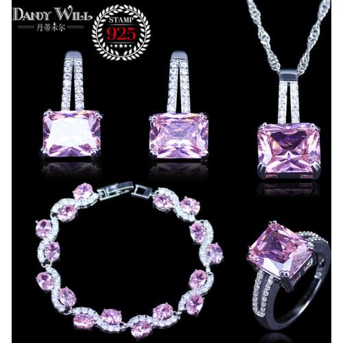 Silver color Bridal Jewelry Pink Crystal White Cubic Zircon Jewelry Sets For Women Earrings/Pendant/Necklace/Rings/Bracelet Sets