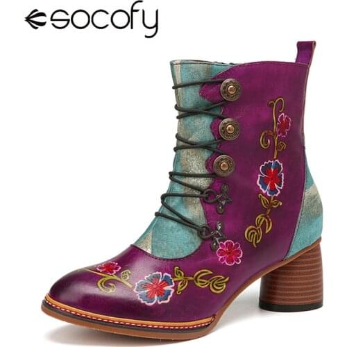 SOCOFY Winter Boot Women Vintage Genuine Leather Colour Stitching Floral Printed Chunky Heel Short Boot Comfort Lining Warm Shoe