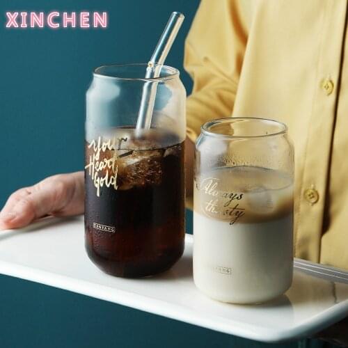 Cola Can Glass Mug Breakfast Milk Coffee Juice Cup Transparent Simple Letter Heat Resistant Glass Mug Home Drinkware INS Gift