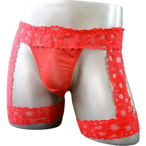 Sissy G String Hommes Hollow Out Lace Bandage Leg Sexy Gay Lingerie for Men Novel Elatic Lace Thong for Men 4 Colors