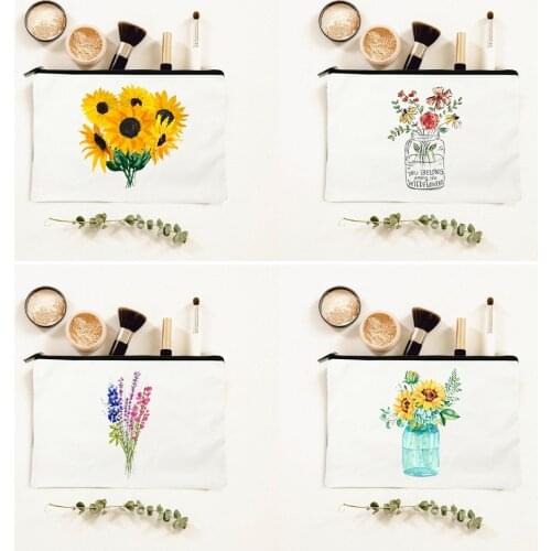Flowers Print Cosmetic Bags Women Fashion Makeup Pouch Harajuku Funny Beauty Bag Casual Travel Canvas Zipper Eco Reusable Bags